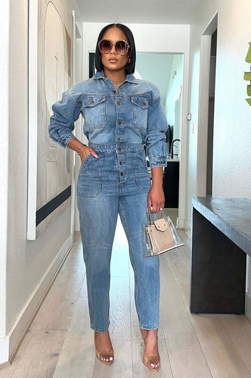 Classic Denim Button-Up Jumpsuit