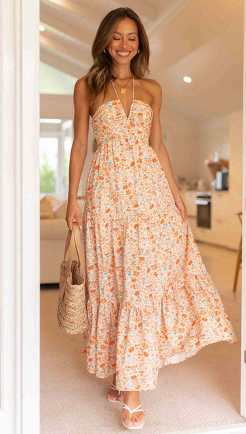 Boho Elegant Halter Neck Floral Ruffle Tie Maxi Dress