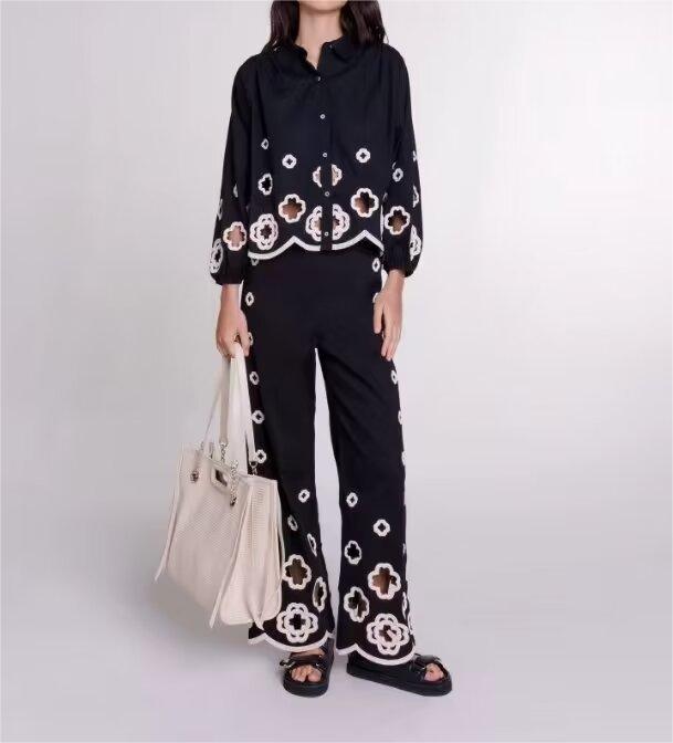 Casual Floral Embroidered Pants Set