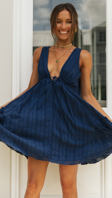 Boho & Vacation Ruched V-Neck Striped Sleeveless A-Line Dress