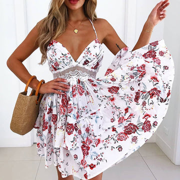 Boho Floral V-Neck Cutout Lace Ruffled Tiered Cami Dress