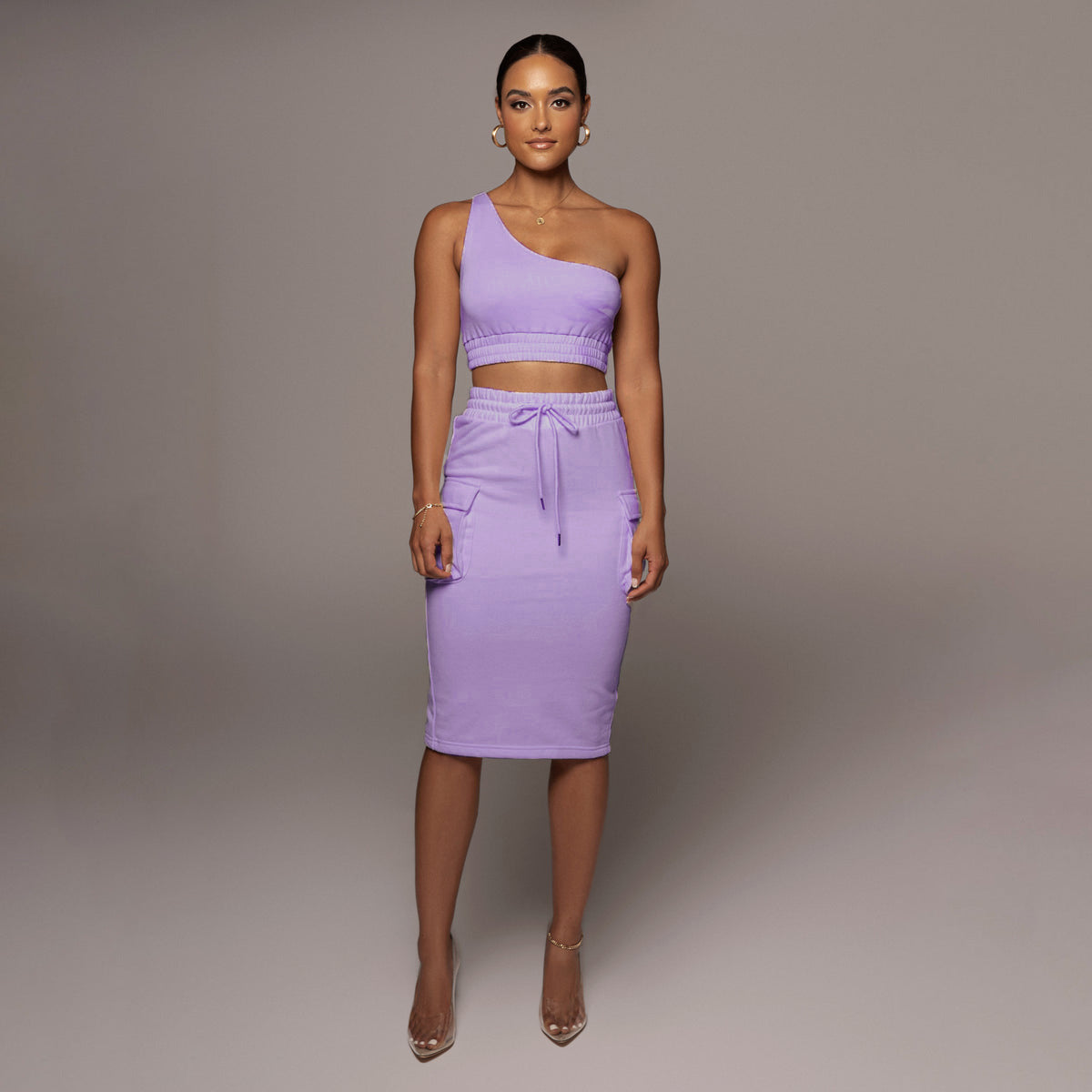 Temptation Unleashed: One Shoulder Tie Crop Top &amp; Knee-Length Skirt Set