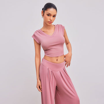 Relaxed Chic: V-Neck Ruched Crop Top and Full-Length Pants Set