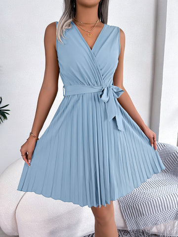 V-Neck Belted Sleeveless Dress