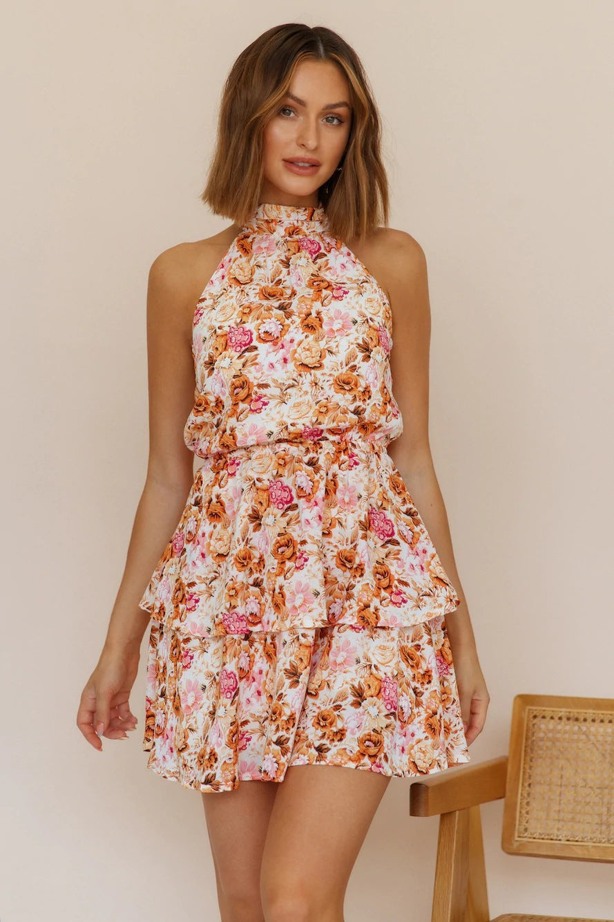 Elegant Boho Floral Halter Neck Ruffled Tiered A-Line Dress