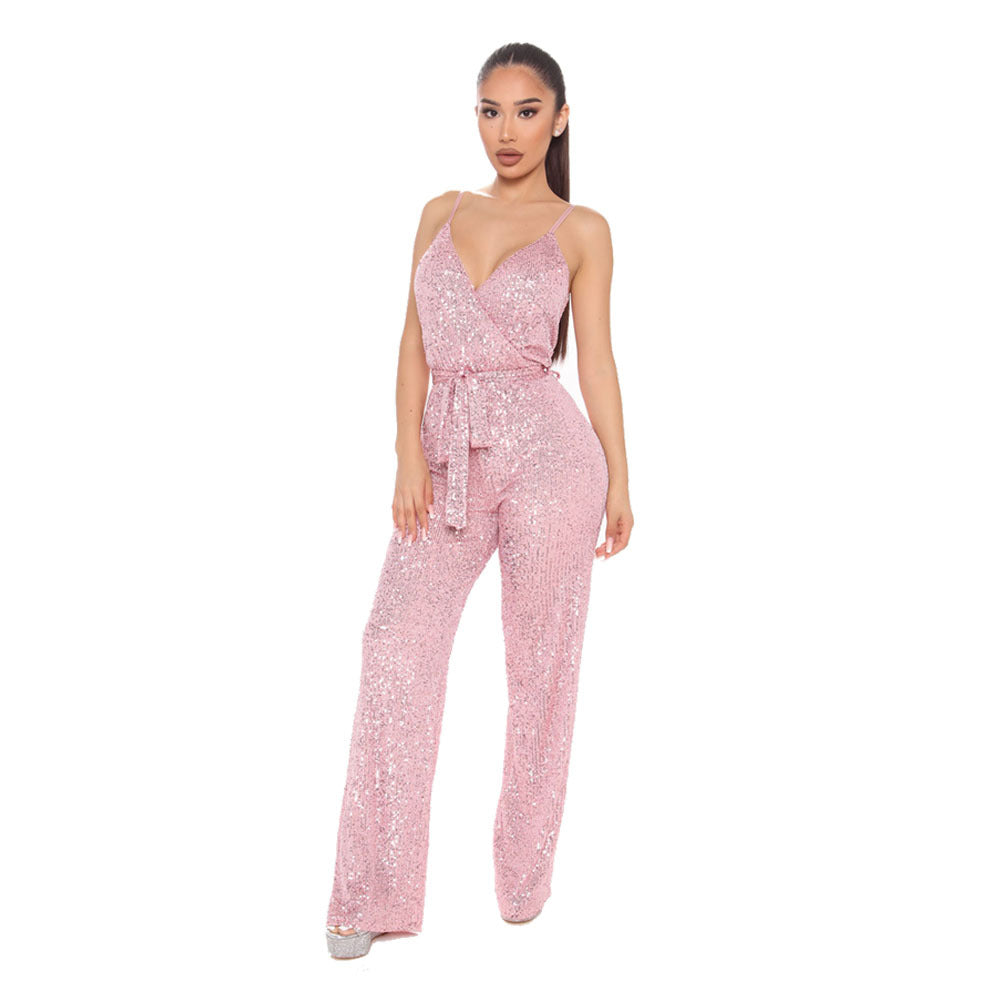 Glamorous Sequin Belted V-Neck Jumpsuit