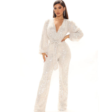 Sequin Glam V-Neck Jumpsuit with Lantern Sleeves