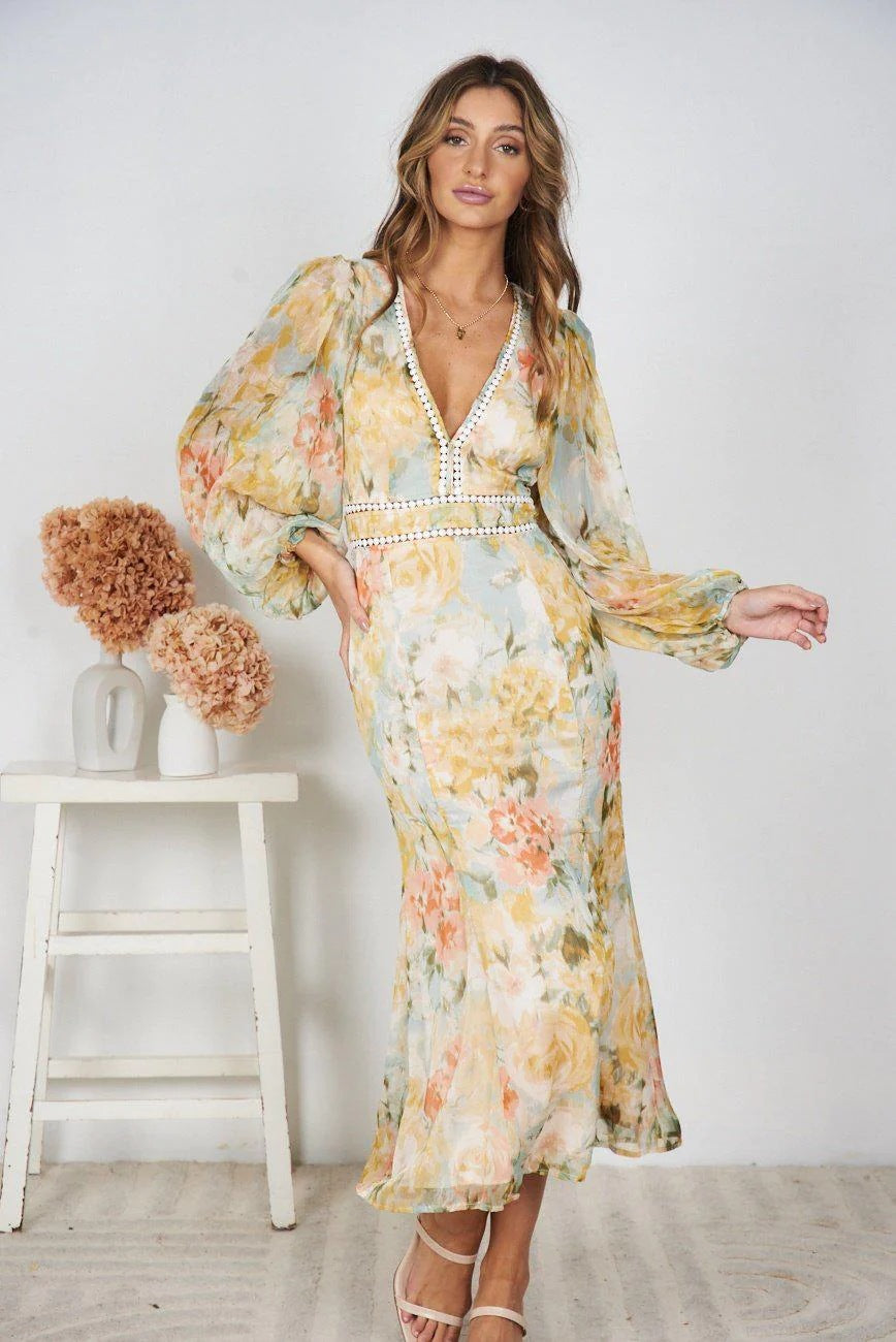 Boho Vacation Elegant Floral V-Neck Maxi Dress