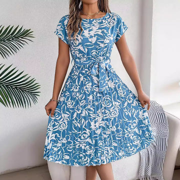 Elegant Floral Crew Neck Belted Midi Dress