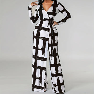 Urban Chic Graffiti Print V-Neck Long Sleeve Jumpsuit