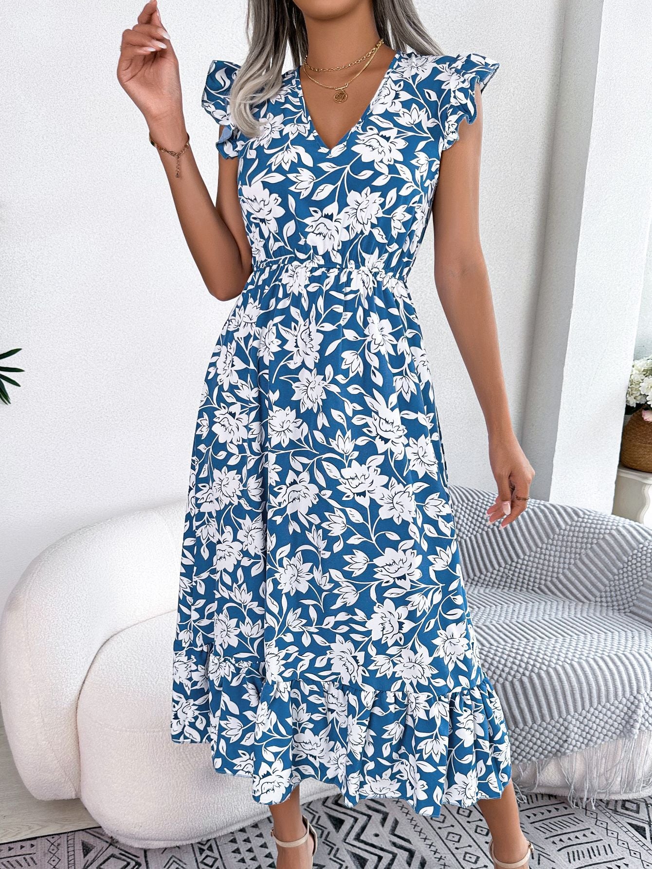 Boho Floral V-Neck Ruffled Flutter Tiered Maxi Dress