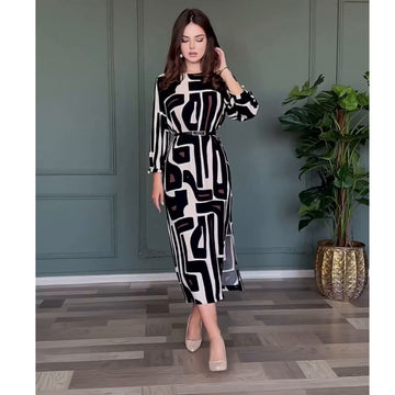Elegant Belted Abstract Print Crew Neck Maxi Dress