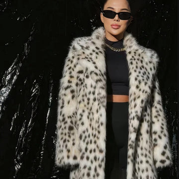 Autumn Winter Leopard Print Women Belted Faux Fur Coat with Pockets