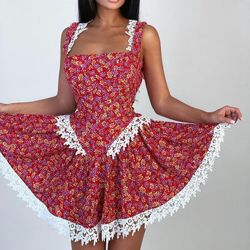 Boho Floral Square Neck Backless Lace A-Line Dress