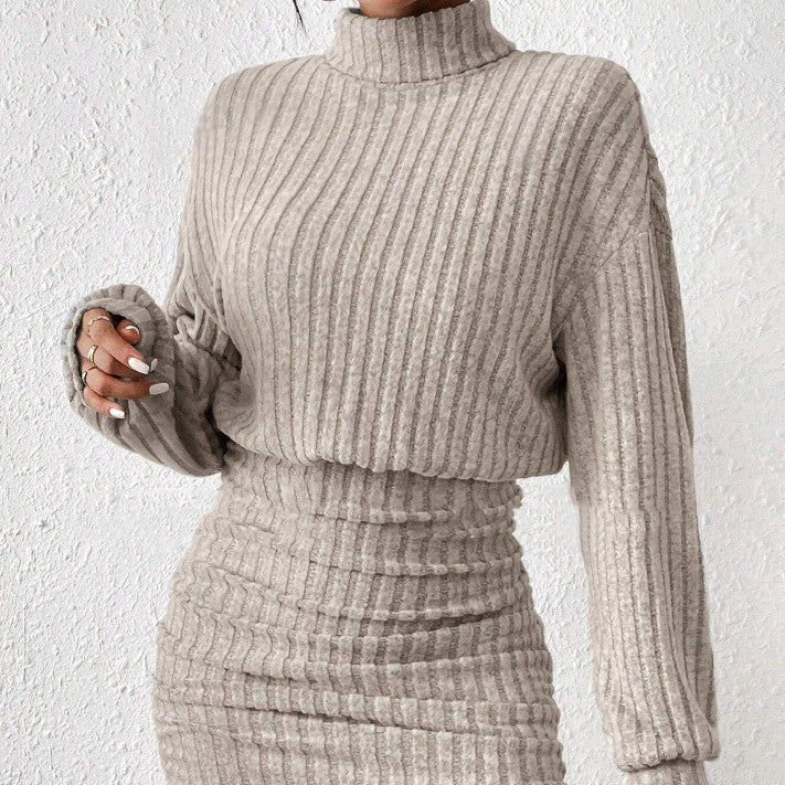 Long Sleeve High Neck Ribbing Woolen Knit Suit